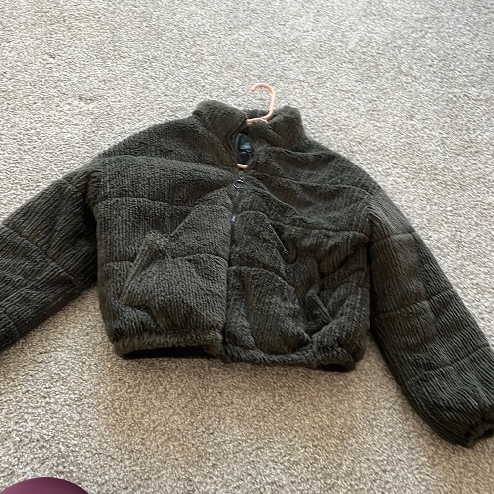 fuzzy army green puffer jacket